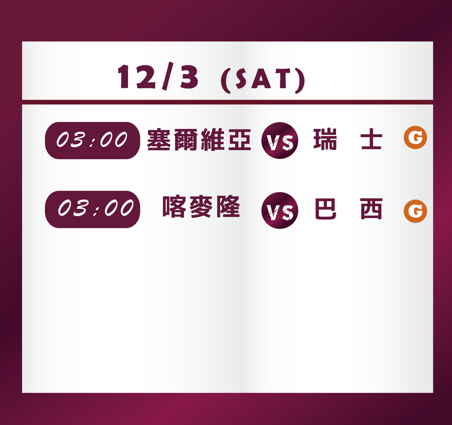 世足賽成表 12/03